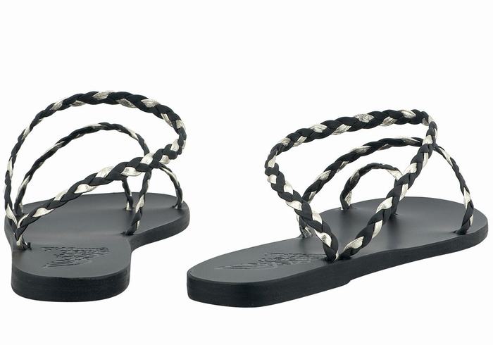 Black Gold White Ancient Greek Sandals Eleftheria Leather Women Braided Sandals | NCI6997CR