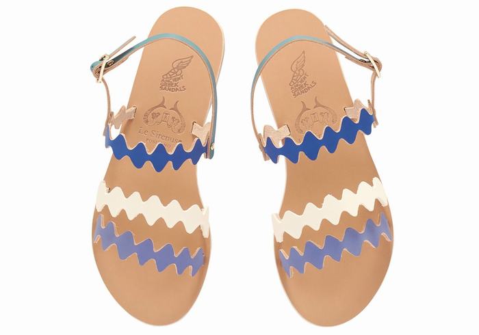 Blue White Ancient Greek Sandals Clio Onda Women Back-Strap Sandals | OMF4314NP