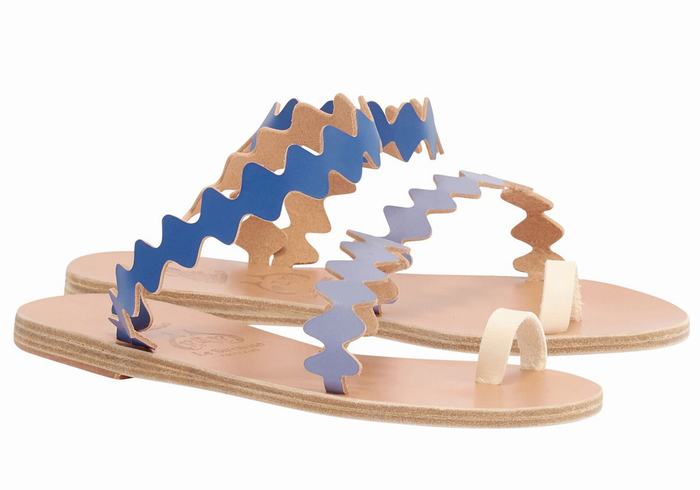 Blue White Ancient Greek Sandals Eleftheria Onda Leather Women Toe-Post Sandals | OEY5021FW