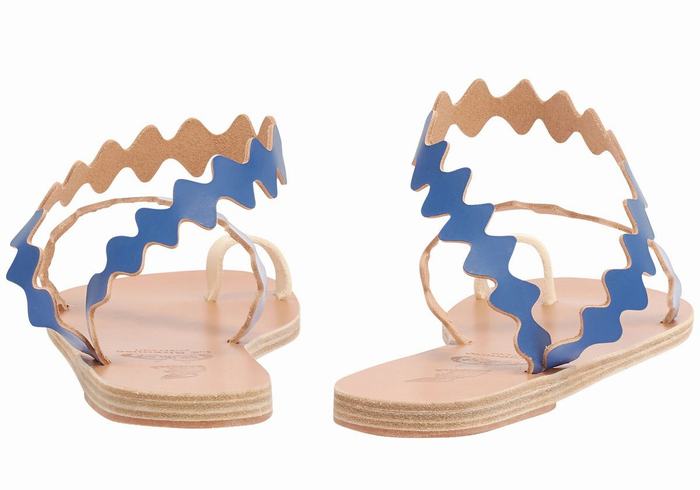 Blue White Ancient Greek Sandals Eleftheria Onda Leather Women Toe-Post Sandals | OEY5021FW