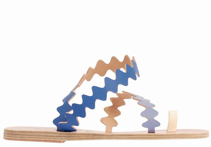 Blue White Ancient Greek Sandals Eleftheria Onda Leather Women Toe-Post Sandals | OEY5021FW