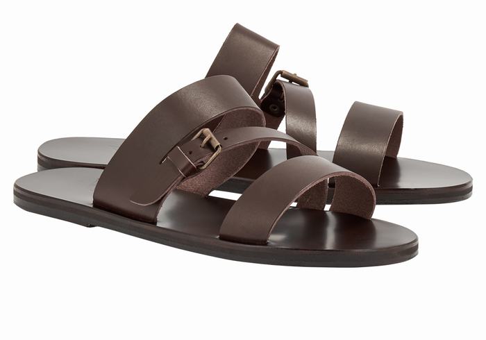 Chocolate Ancient Greek Sandals Ifiklis Leather Men Slide Sandals | MSU2039KL