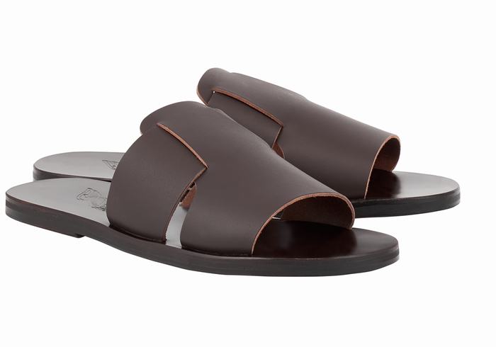 Chocolate Ancient Greek Sandals Miltiadis Leather Men Slide Sandals | PEP298IZ