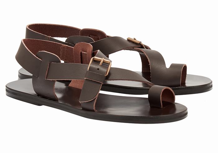 Chocolate Ancient Greek Sandals Paris Leather Men Toe-Post Sandals | ALV735JU