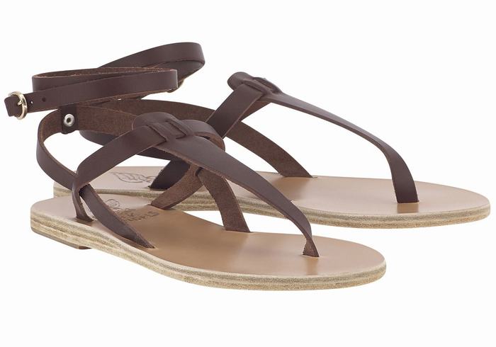 Coffee Ancient Greek Sandals Estia Leather Women Ankle Strap Sandals | VOO2216PH