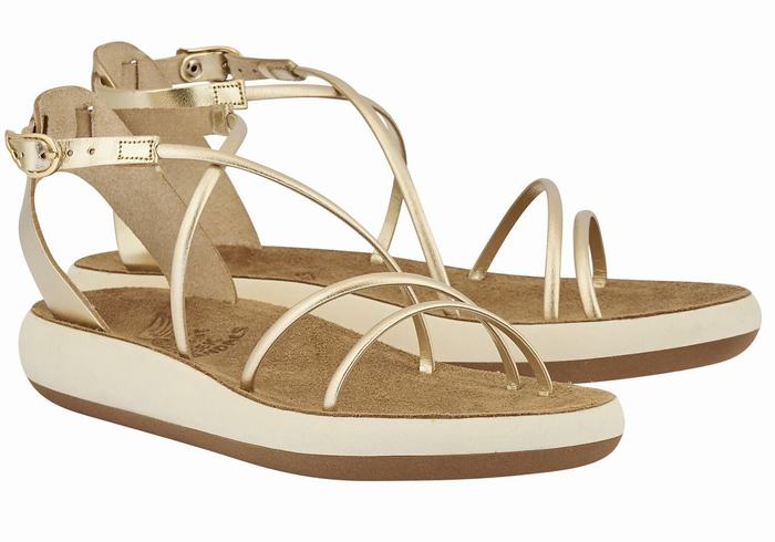 Gold White Ancient Greek Sandals Anastasia Comfort Women Ankle Strap Sandals | BBD4963WF