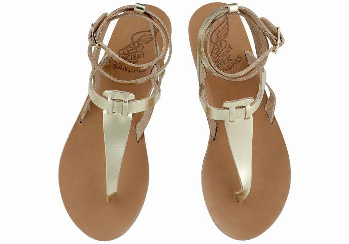 Gold White Ancient Greek Sandals Estia Leather Women Ankle Strap Sandals | KWT6635ZH