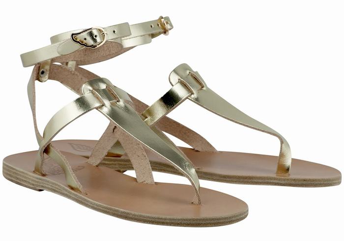 Gold White Ancient Greek Sandals Estia Leather Women Ankle Strap Sandals | KWT6635ZH