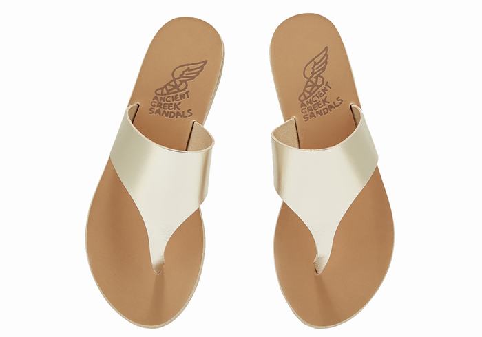 Gold White Ancient Greek Sandals Mera Leather Women Flip Flops | HUQ4729YY