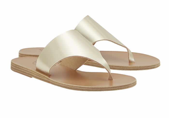 Gold White Ancient Greek Sandals Mera Leather Women Flip Flops | HUQ4729YY