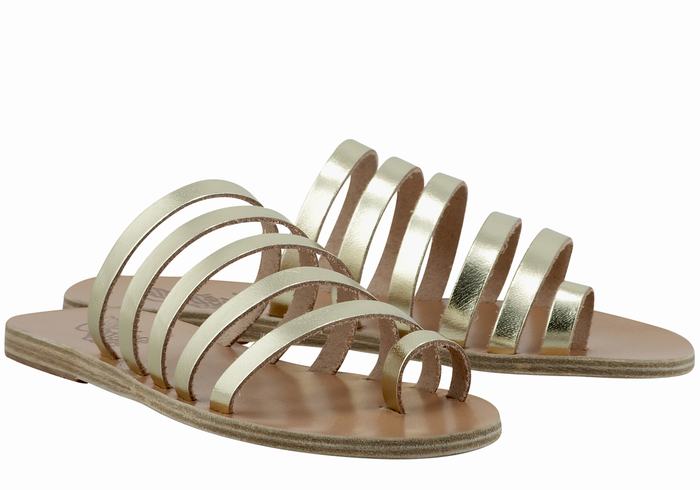 Gold White Ancient Greek Sandals Niki Leather Women Toe-Post Sandals | OUM4498HV