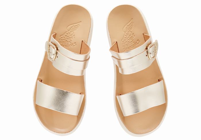 Gold White Ancient Greek Sandals Preveza Comfort Women Slide Sandals | PMV6242EZ