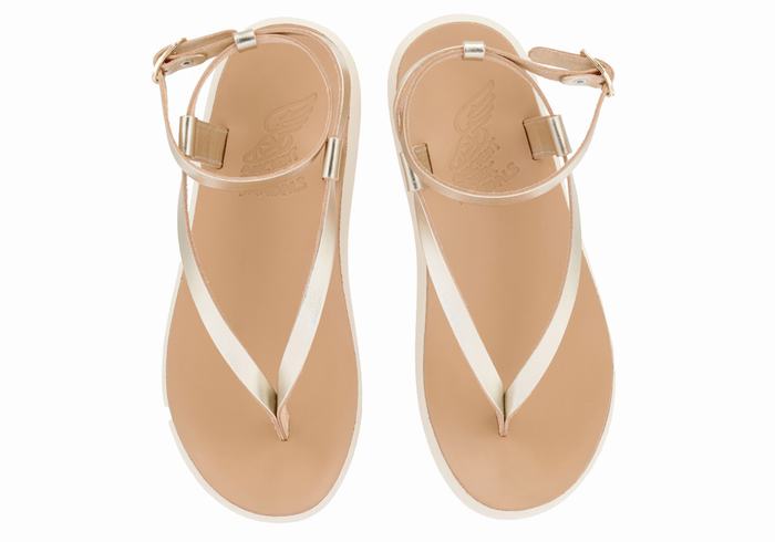 Gold White Ancient Greek Sandals Salomi Comfort Women Ankle Strap Sandals | TVT4796PH