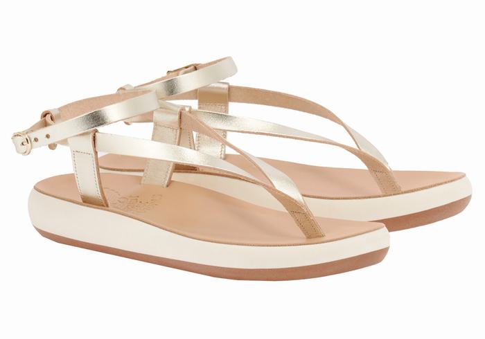 Gold White Ancient Greek Sandals Salomi Comfort Women Ankle Strap Sandals | TVT4796PH