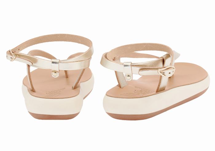 Gold White Ancient Greek Sandals Salomi Comfort Women Ankle Strap Sandals | TVT4796PH