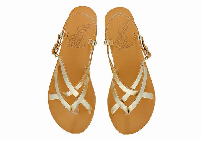 Gold White Ancient Greek Sandals Semele Leather Women Back-Strap Sandals | ZBL7126OR