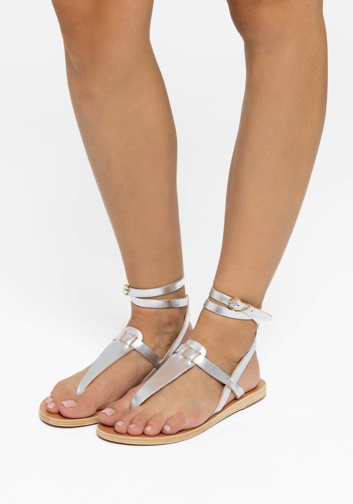 Silver Ancient Greek Sandals Estia Leather Women Ankle Strap Sandals | VXX643VC