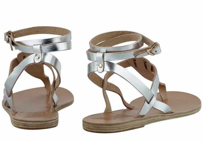 Silver Ancient Greek Sandals Estia Leather Women Ankle Strap Sandals | VXX643VC