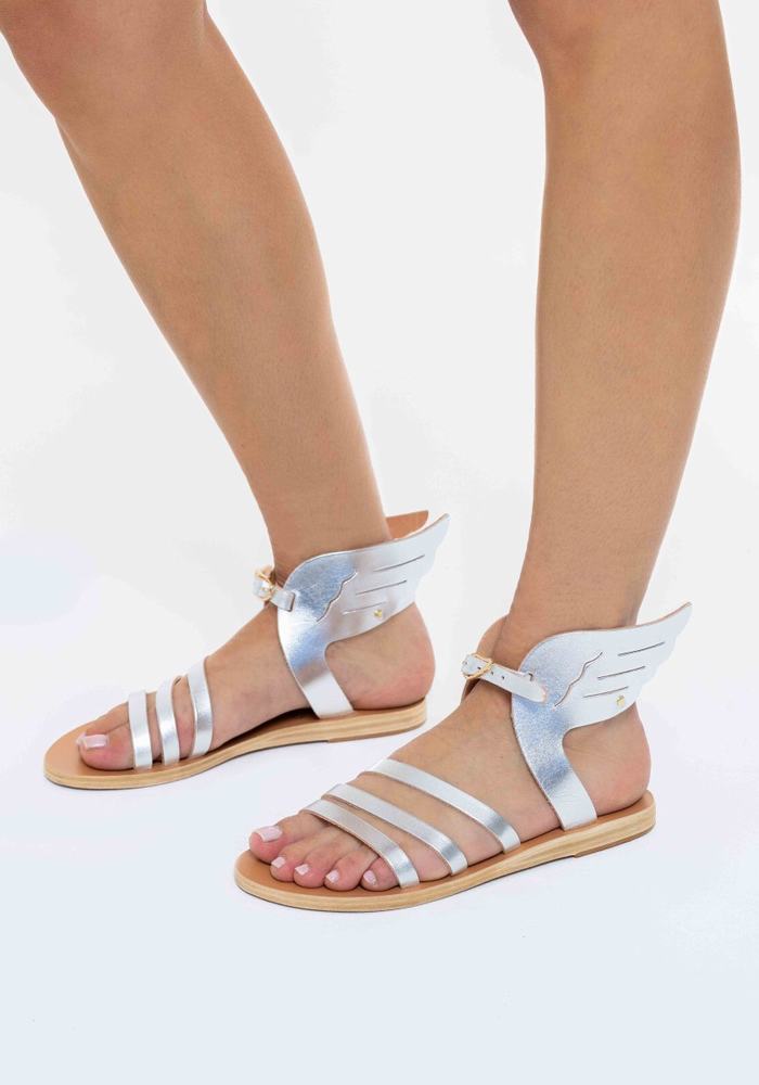 Silver Ancient Greek Sandals Ikaria Leather Women Ankle Strap Sandals | GTY2923YD