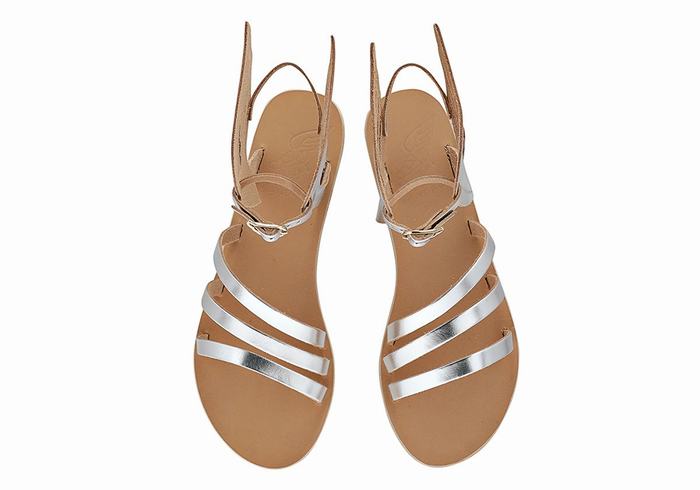 Silver Ancient Greek Sandals Ikaria Leather Women Ankle Strap Sandals | GTY2923YD