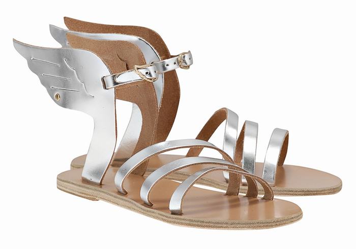 Silver Ancient Greek Sandals Ikaria Leather Women Ankle Strap Sandals | GTY2923YD