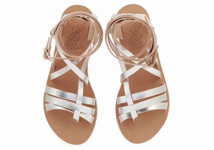 Silver Ancient Greek Sandals Satira Leather Women Gladiator Sandals | GRE9164AG