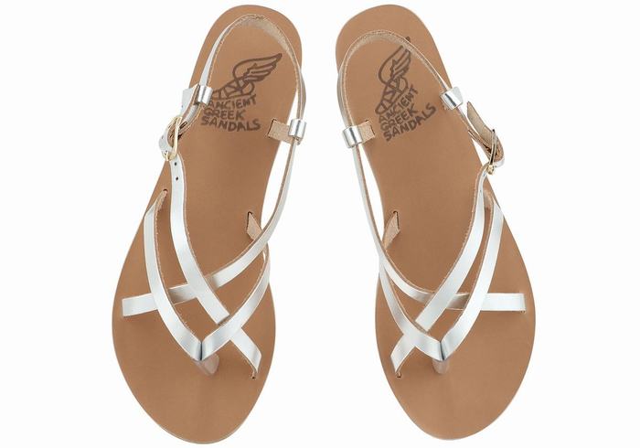 Silver Ancient Greek Sandals Semele Leather Women Back-Strap Sandals | BEG9569SL