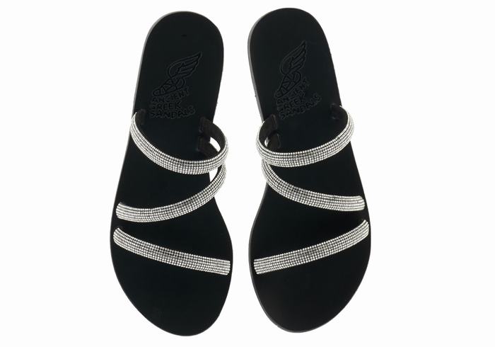 Silver Black Ancient Greek Sandals Polytimi Diamante Women Slide Sandals | TED7375OZ