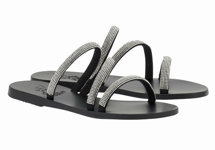 Silver Black Ancient Greek Sandals Polytimi Diamante Women Slide Sandals | TED7375OZ