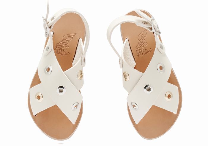 White Ancient Greek Sandals Little Maria Eyelets Soft Kids' Casual Sandals | KAT5957OP